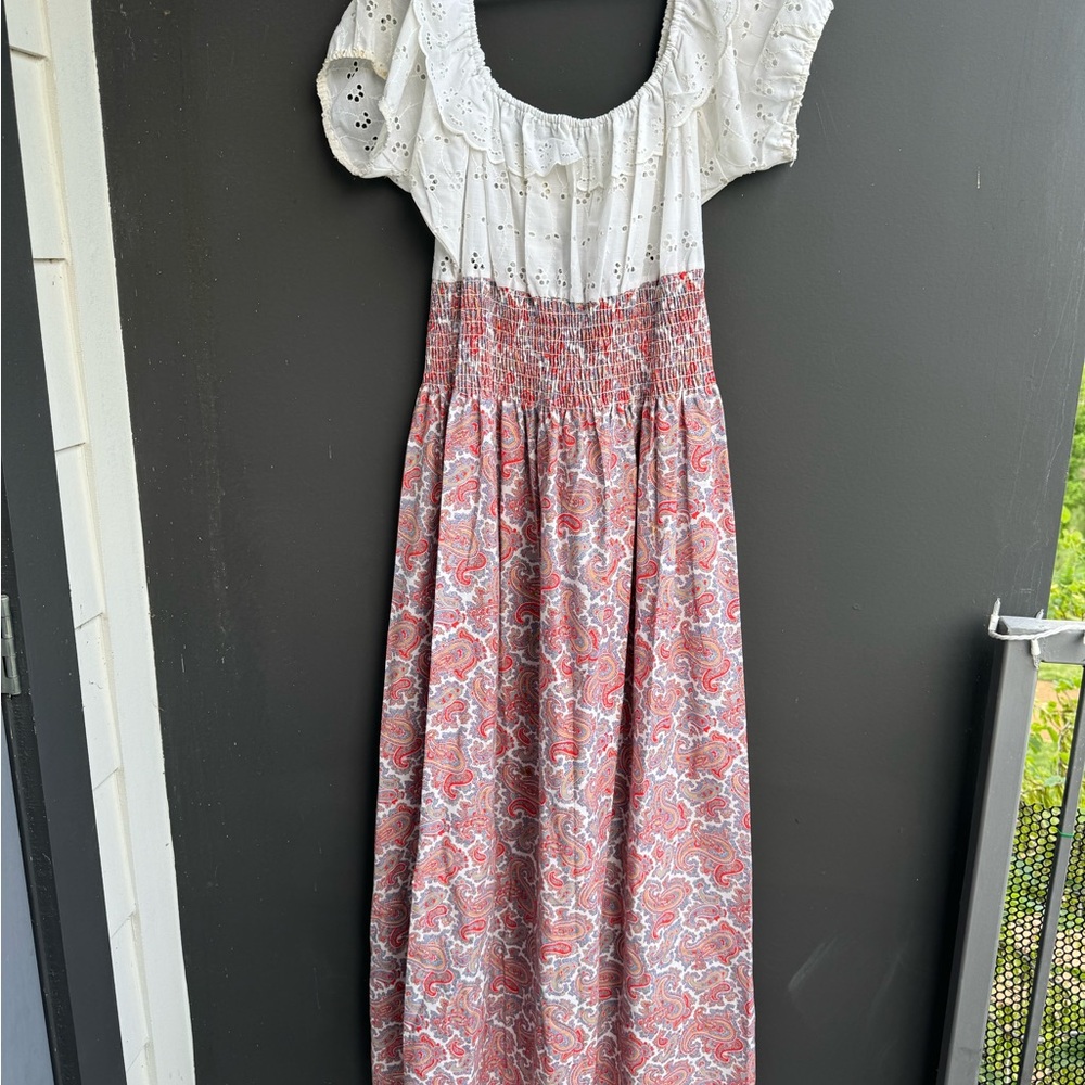 Vintage Sears White Eyelet and Paisley smocked Maxi Dress